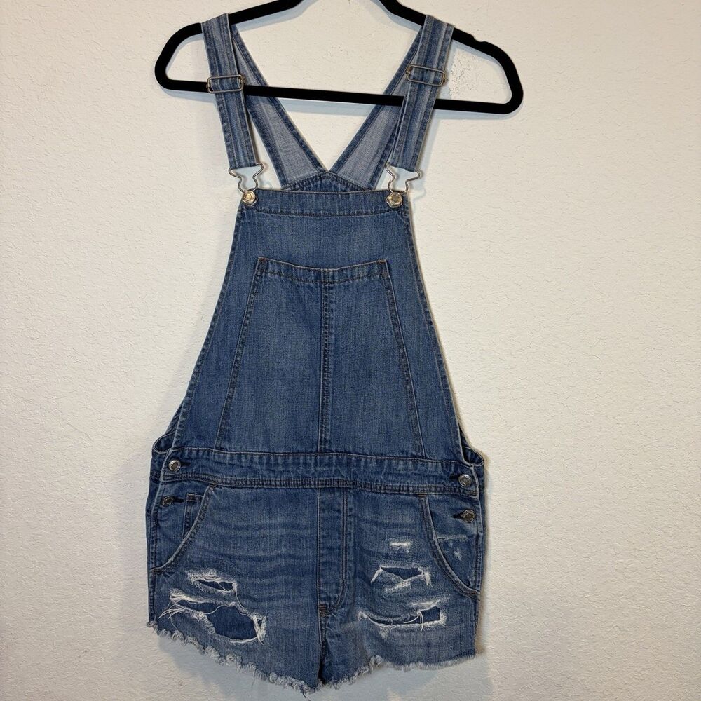 American Eagle Denim Bib Medium Distressed Blue Short Overalls